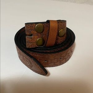 Brown Embossed Leather Belt with Brass Accents